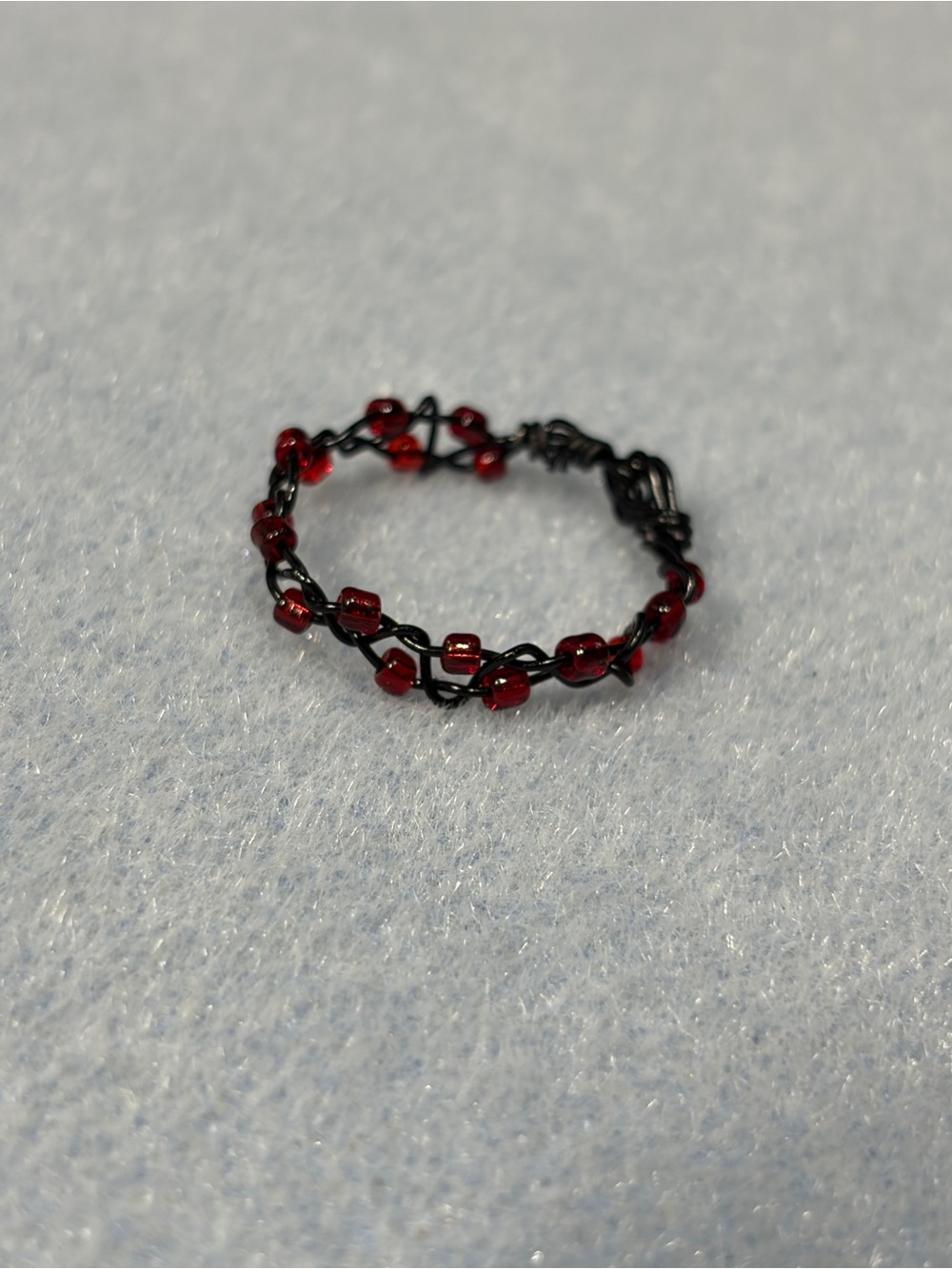Handmade Black Wire Ring with Red Glass Beads